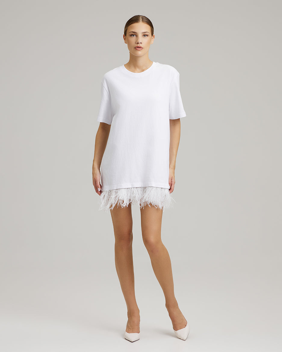 T-SHIRT DRESS WITH FEATHERS | in white