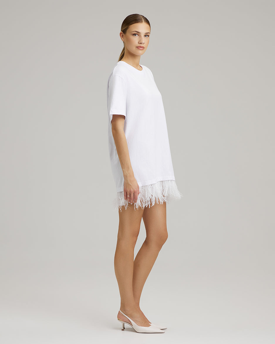 T-SHIRT DRESS WITH FEATHERS | in white