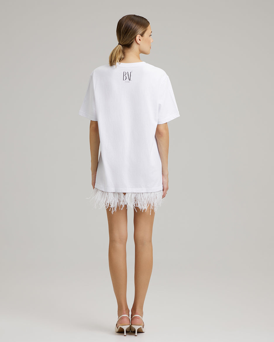 T-SHIRT DRESS WITH FEATHERS | in white