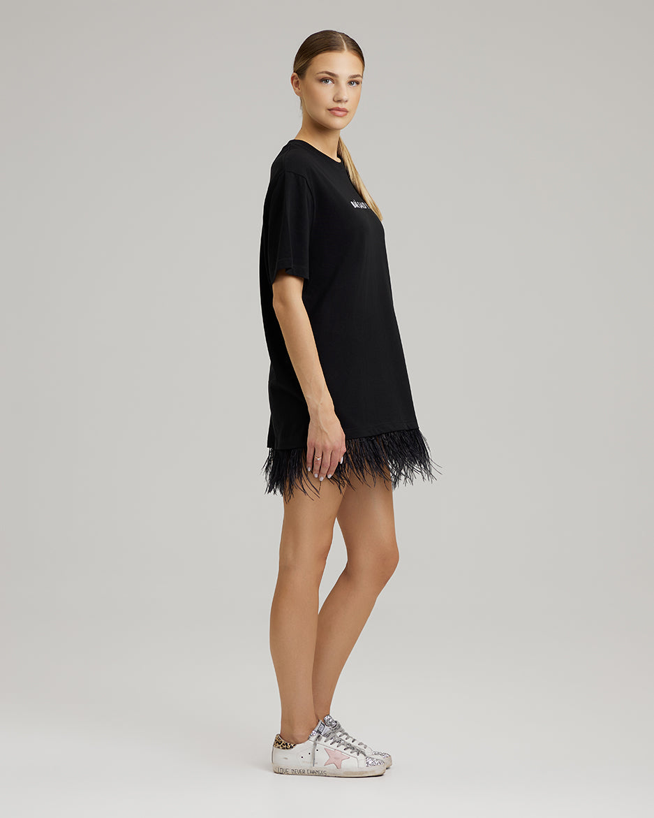 T-SHIRT DRESS WITH FEATHERS | BAÉ said yes in black