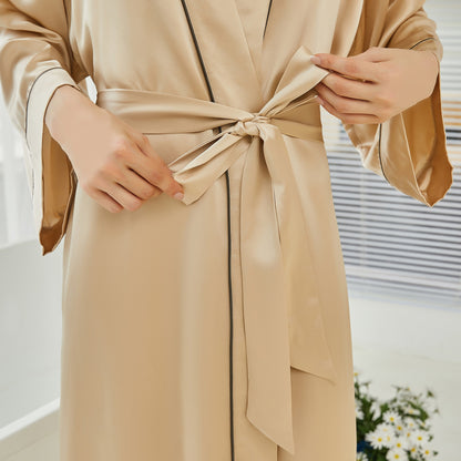 Pasithea | Beige Kimono Pure Silk Robe | Knee Length with Double Belts and Pockets | 22 Momme | Float Collection