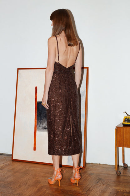 Berta Dark Brown Sequin Draped Front Open Back Midi Dress