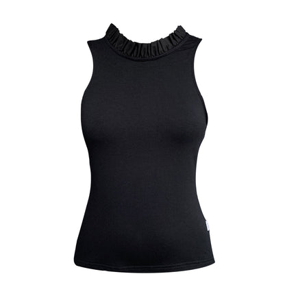 This is a black sleeveless top with neck frill silhouetted against a white background.