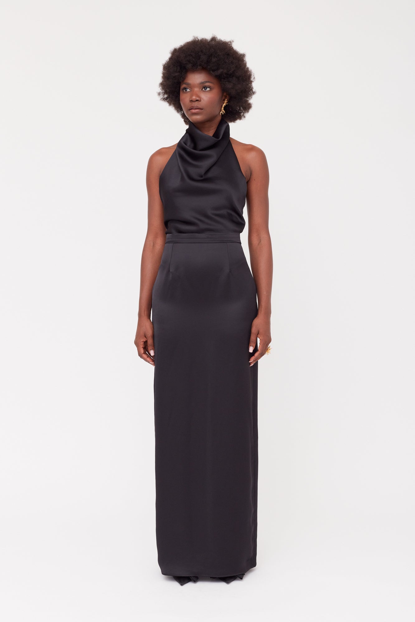 CASANDRA Black Cowl Neck Long Evening Dress