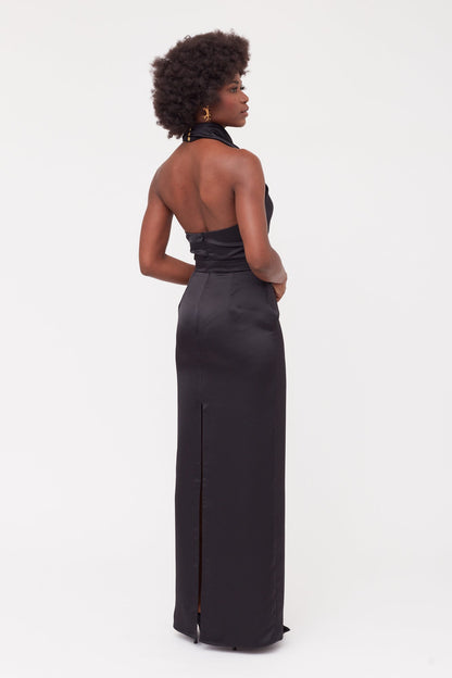 CASANDRA Black Cowl Neck Long Evening Dress