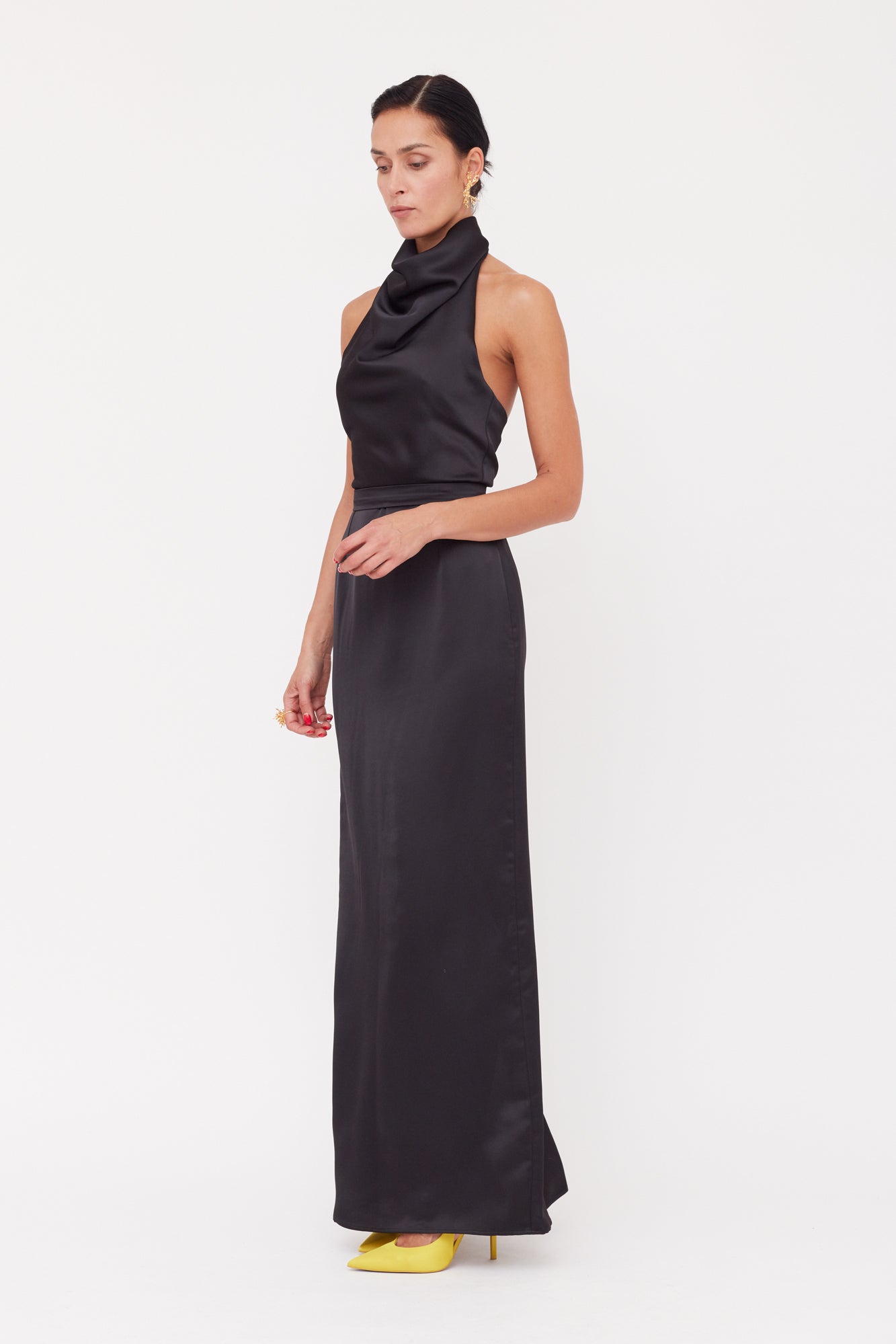 CASANDRA Black Cowl Neck Long Evening Dress