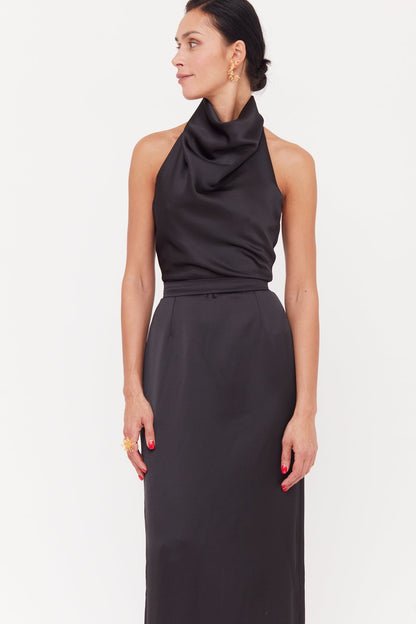 CASANDRA Black Cowl Neck Long Evening Dress