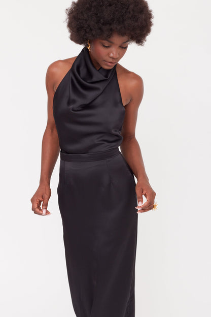 CASANDRA Black Cowl Neck Long Evening Dress