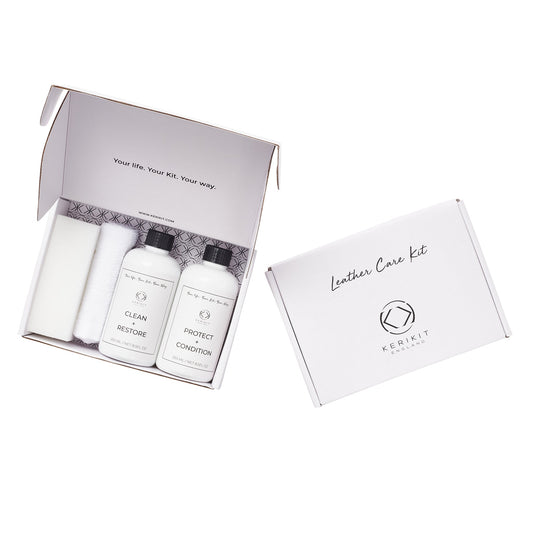 clean and protect kit for leather bags with cleaner and conditioner