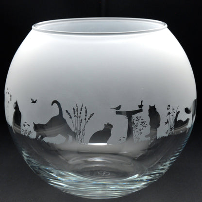 Cat Glass Flora Bowl Vase - Hand Etched/Engraved Gift