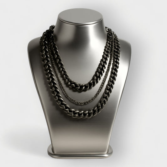 Chunky 3-Tier Black Aluminium Metal Chain Necklace - Cleopatra