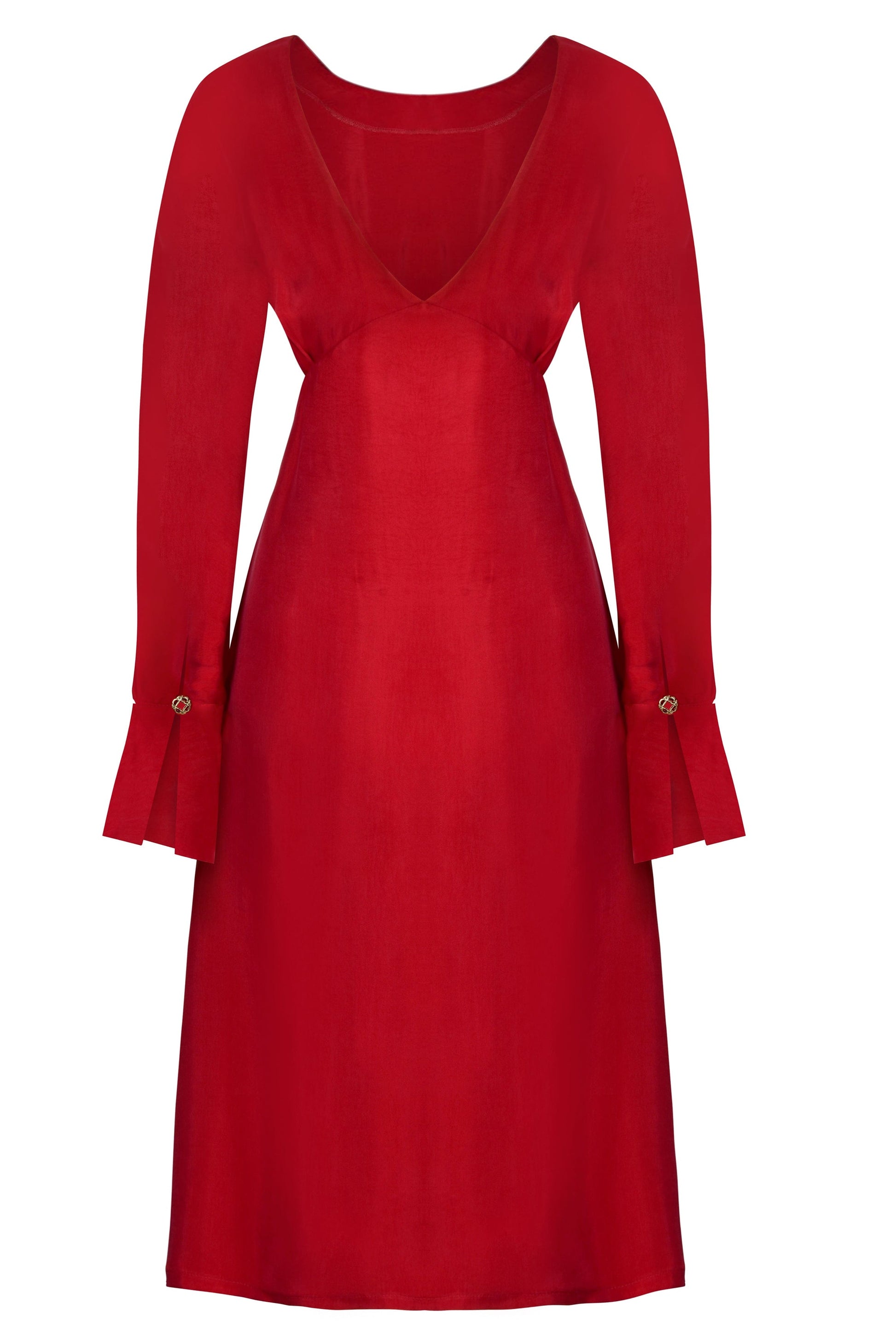 A Sarvin Long Sleeve Midi Dress with frills.