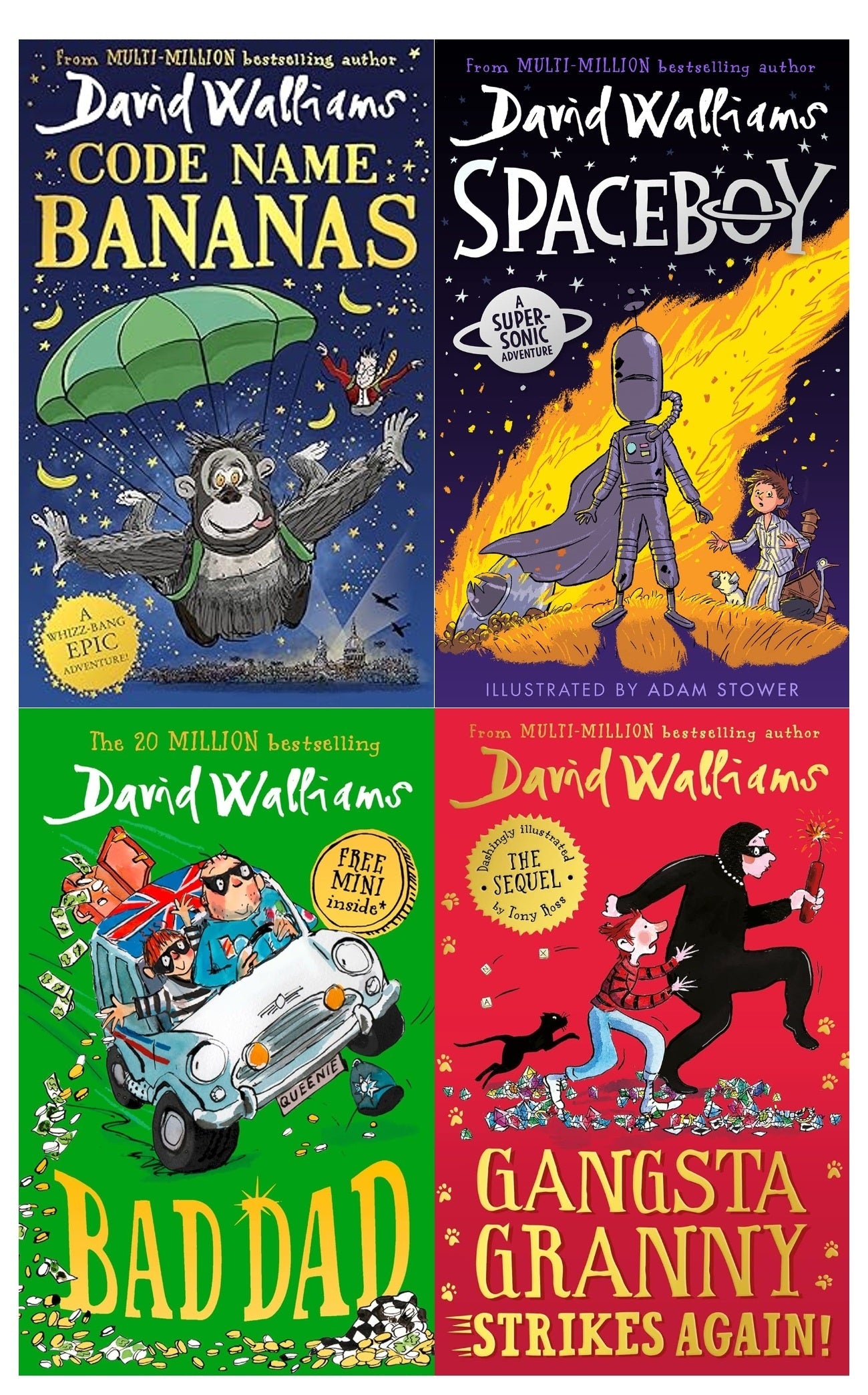 David Walliams 4 Books Collection Set - Gangsta Granny Strikes Again, Bad Dad, SPACEBOY, Code Name Bananas