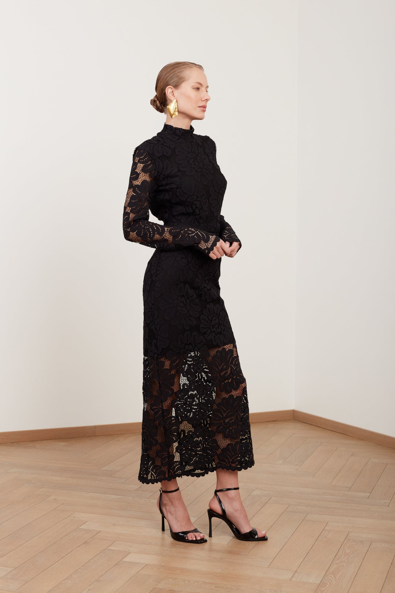 ELENA black floral lace midi dress with open back