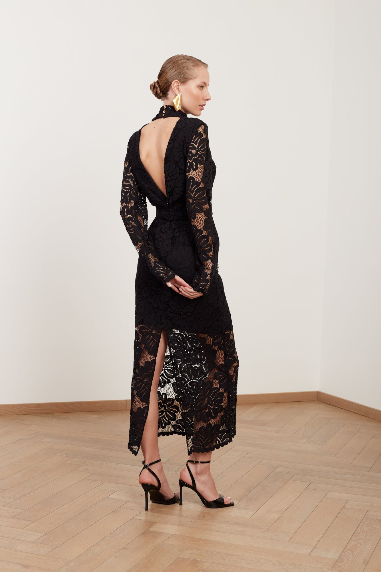 ELENA black floral lace midi dress with open back