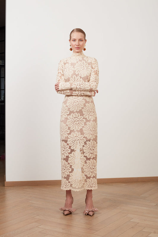 ELENA cream floral lace midi dress with turtleneck