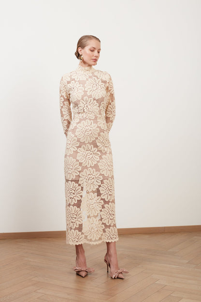 ELENA cream floral lace midi dress with turtleneck