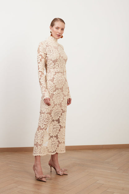 ELENA cream floral lace midi dress with turtleneck