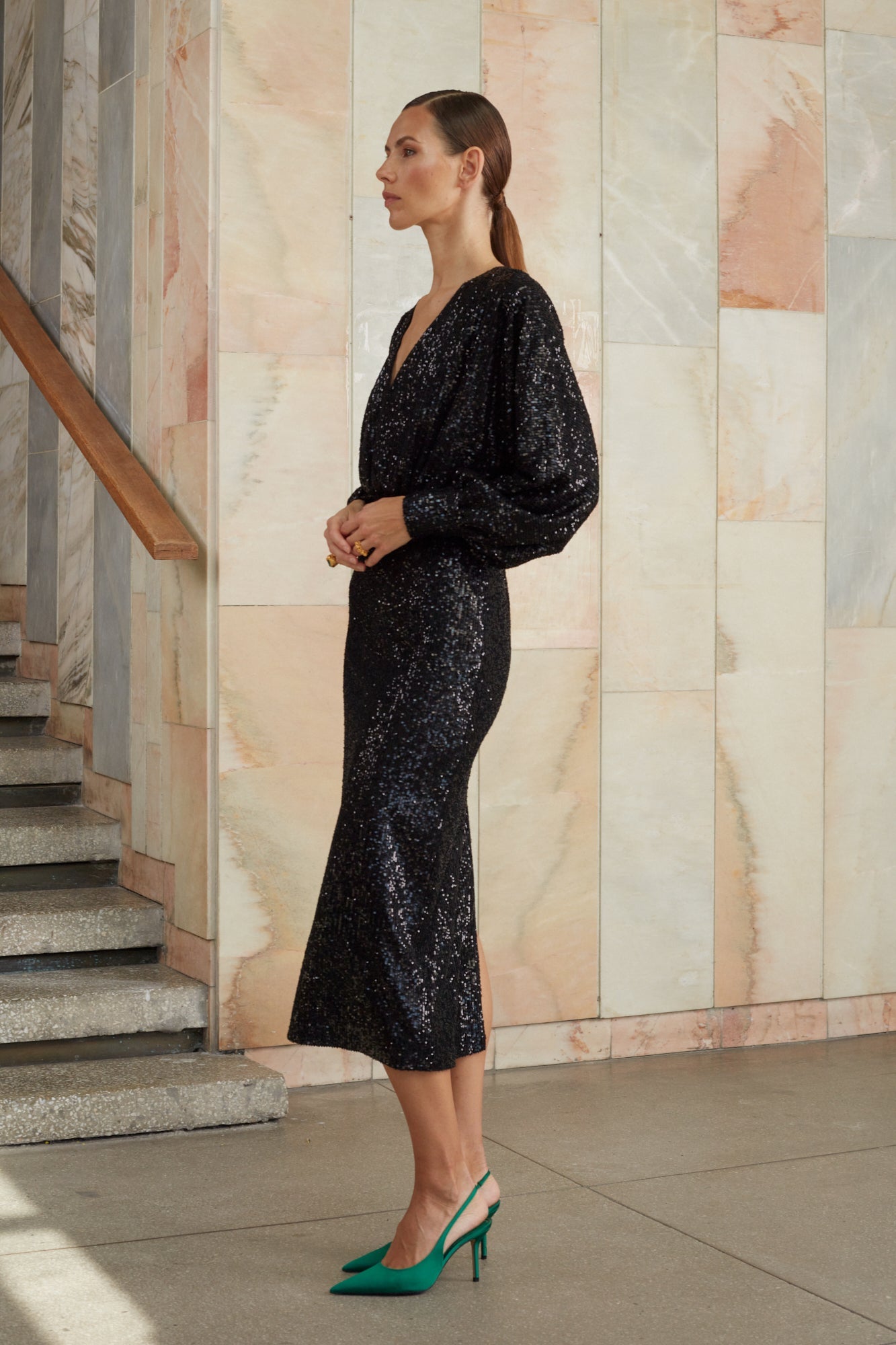 Black sequin v neck dress