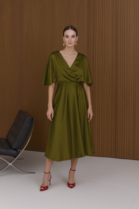 SONYA Olive Green Midi Cocktail Dress With Butterfly Sleeves