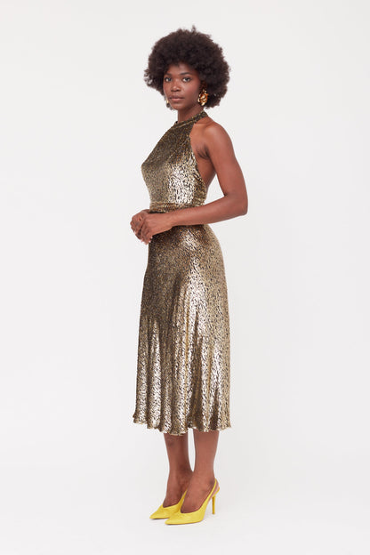 FARAH Black Golden Velvet Silk Midi Dress