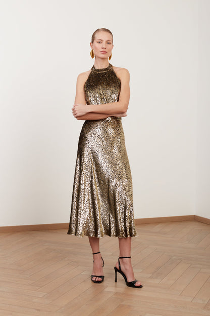 FARAH Black Golden Velvet Silk Midi Dress