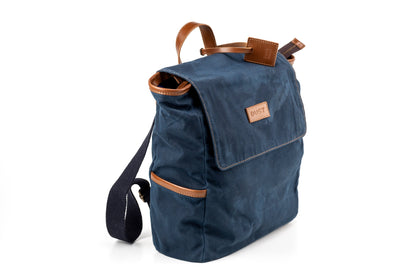 Leather Backpack In Waxed Cotton Made in USA Blue