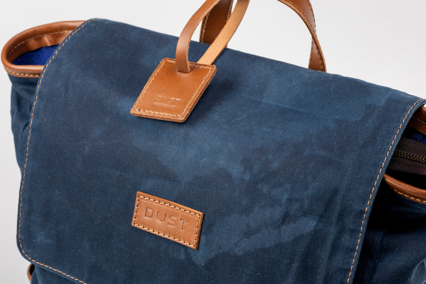 Leather Backpack In Waxed Cotton Made in USA Blue