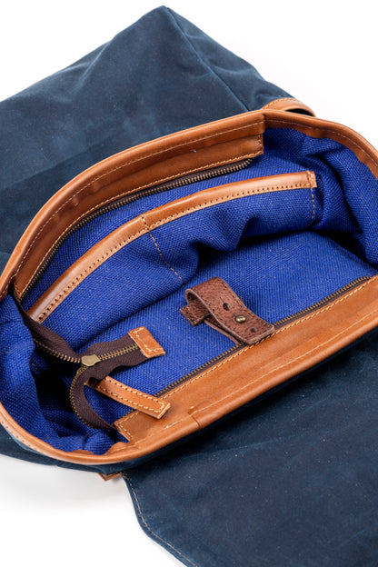 Leather Backpack In Waxed Cotton Made in USA Blue