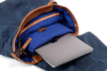 Leather Backpack In Waxed Cotton Made in USA Blue