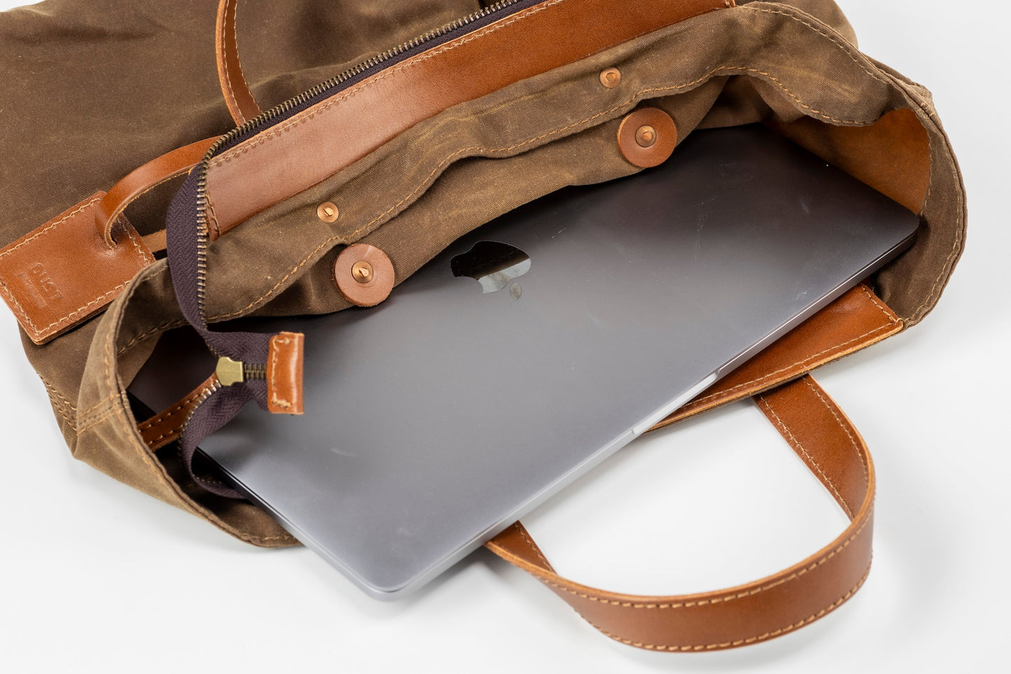 Leather Tote In Waxed Cotton Made in USA Brown