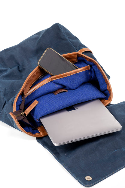 Leather Backpack In Waxed Cotton Made in USA Blue