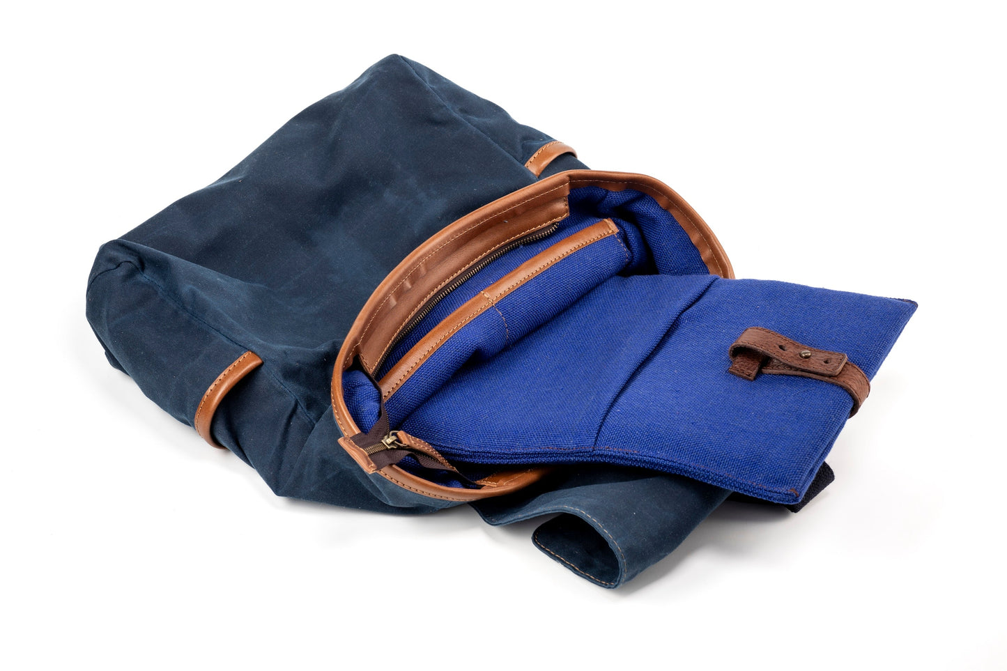 Leather Backpack In Waxed Cotton Made in USA Blue