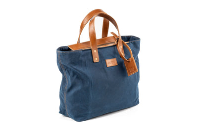 Leather Tote In Waxed Cotton Made in USA Blue