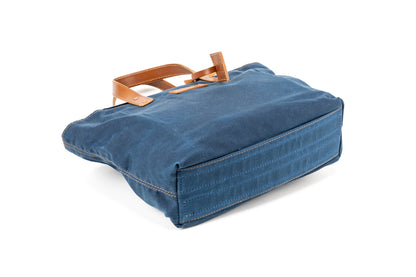 Leather Tote In Waxed Cotton Made in USA Blue