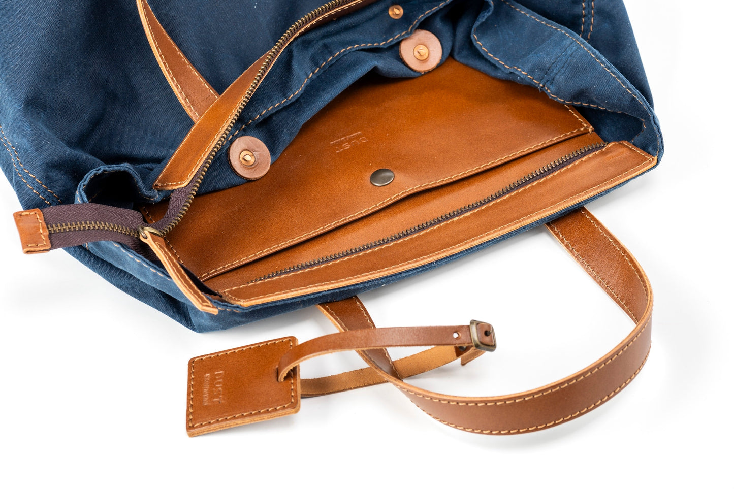 Leather Tote In Waxed Cotton Made in USA Blue