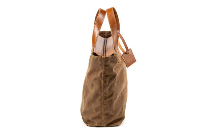 Leather Tote In Waxed Cotton Made in USA Brown