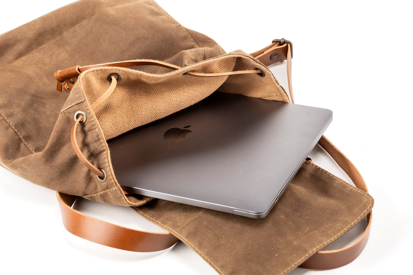 Leather Backpack With Waxed Cotton Made in USA Brown