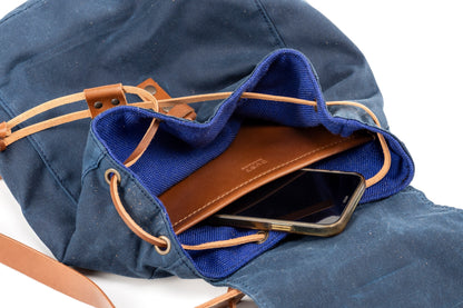 Leather Backpack With Waxed Cotton Made in USA Blue