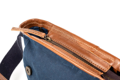 Leather Messenger In Waxed Cotton Made in USA Blue