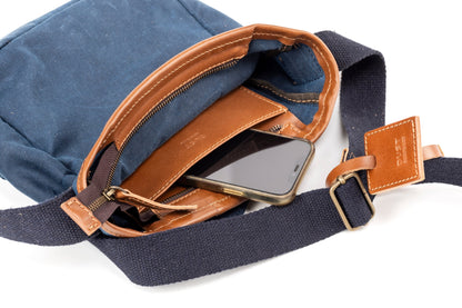 Leather Messenger In Waxed Cotton Made in USA Blue