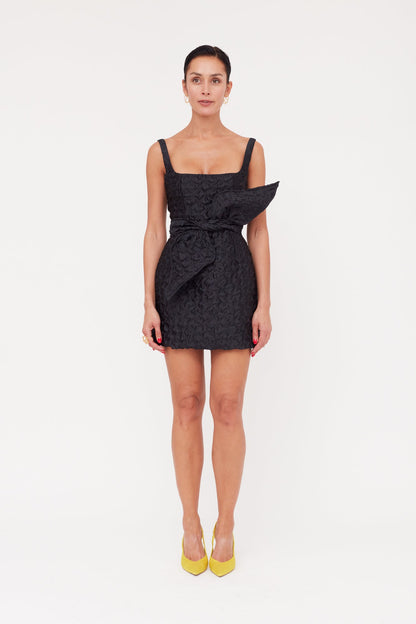 GOLDA Black Textured Fabric Mini Dress With Bow Belt