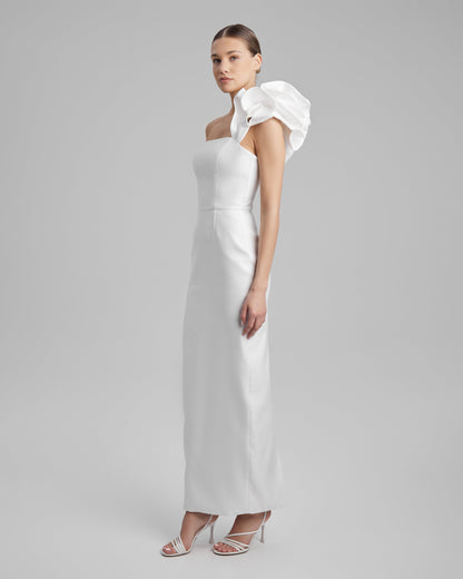 GIGI DRESS + FRILL | strapless cone maxi in white