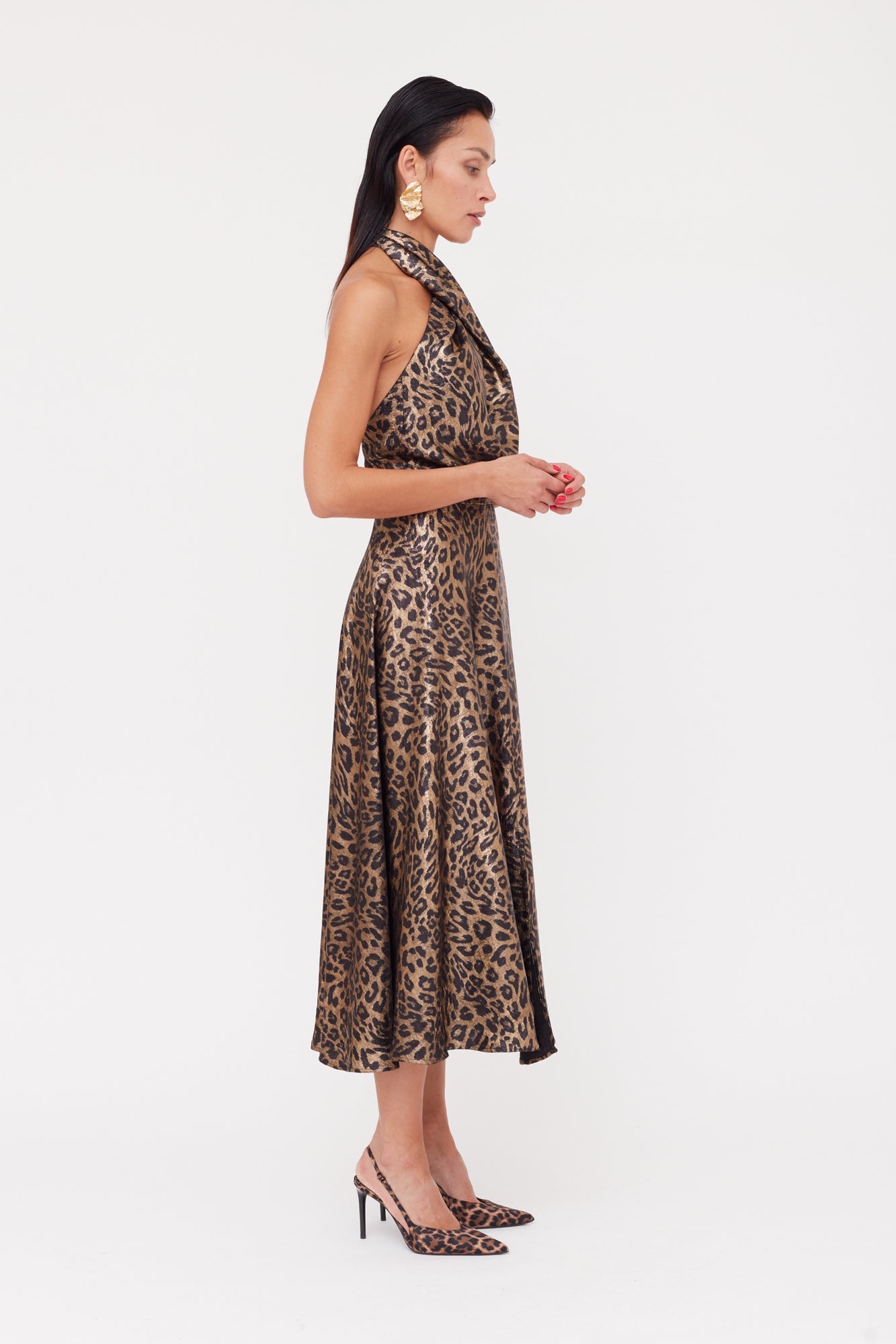 HEIDI Black Bronze Leopard Print Midi Dress