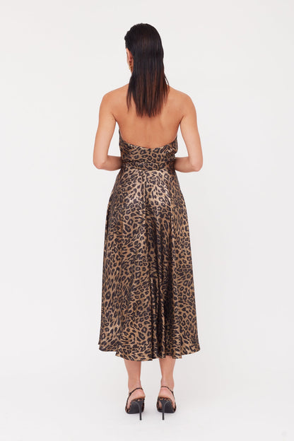 HEIDI Black Bronze Leopard Print Midi Dress