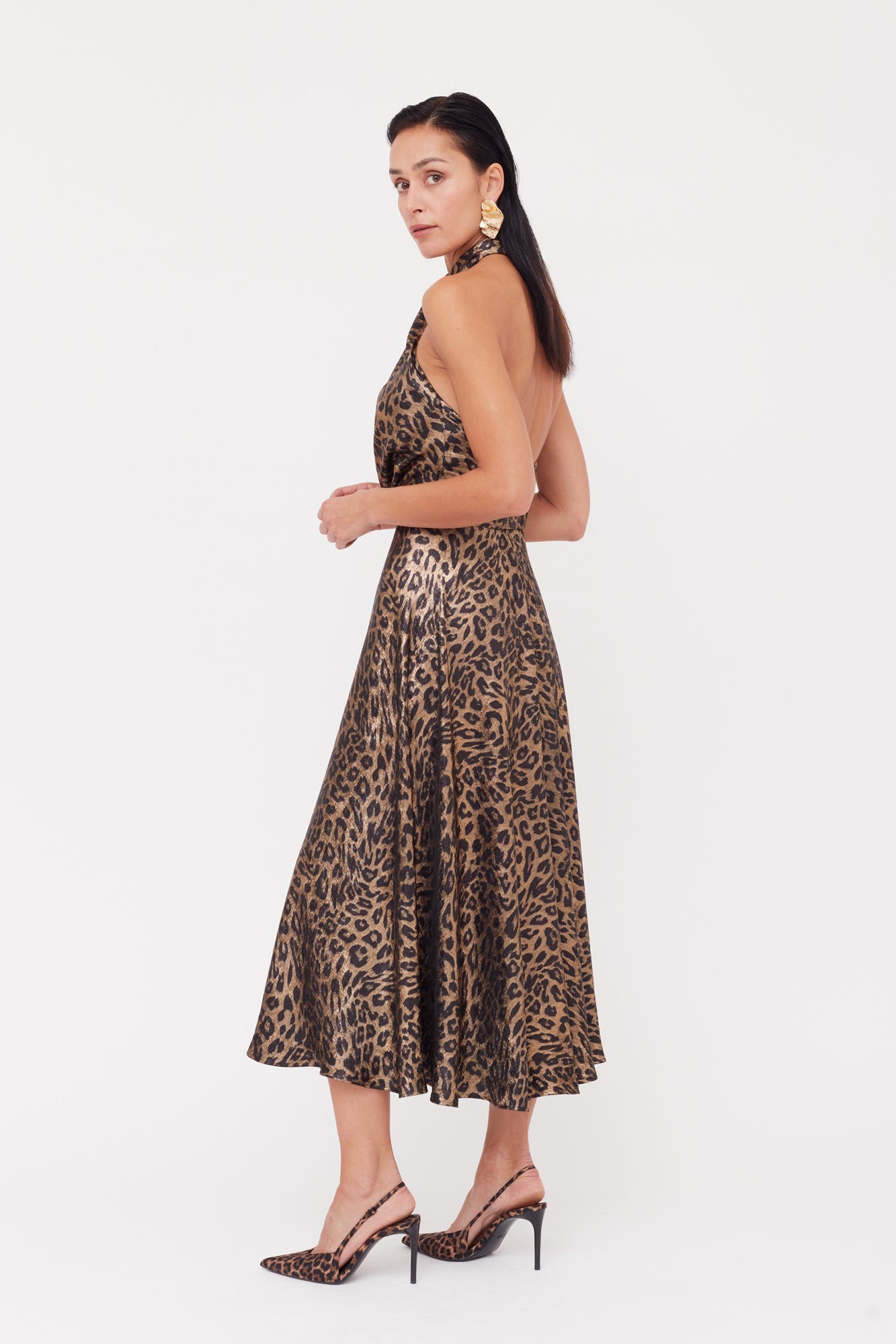 HEIDI Black Bronze Leopard Print Midi Dress