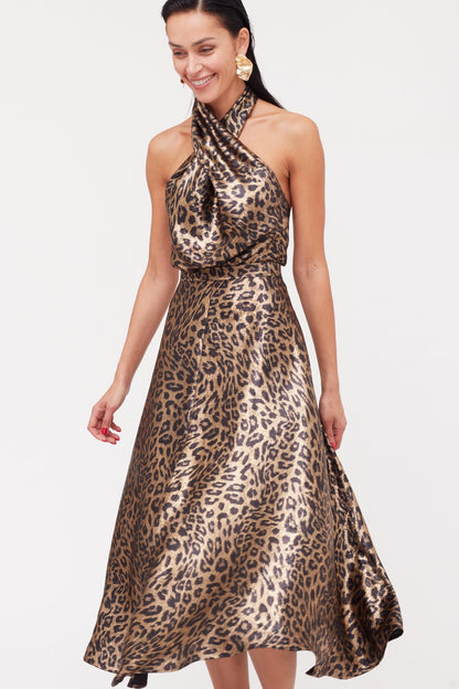 HEIDI Black Bronze Leopard Print Midi Dress