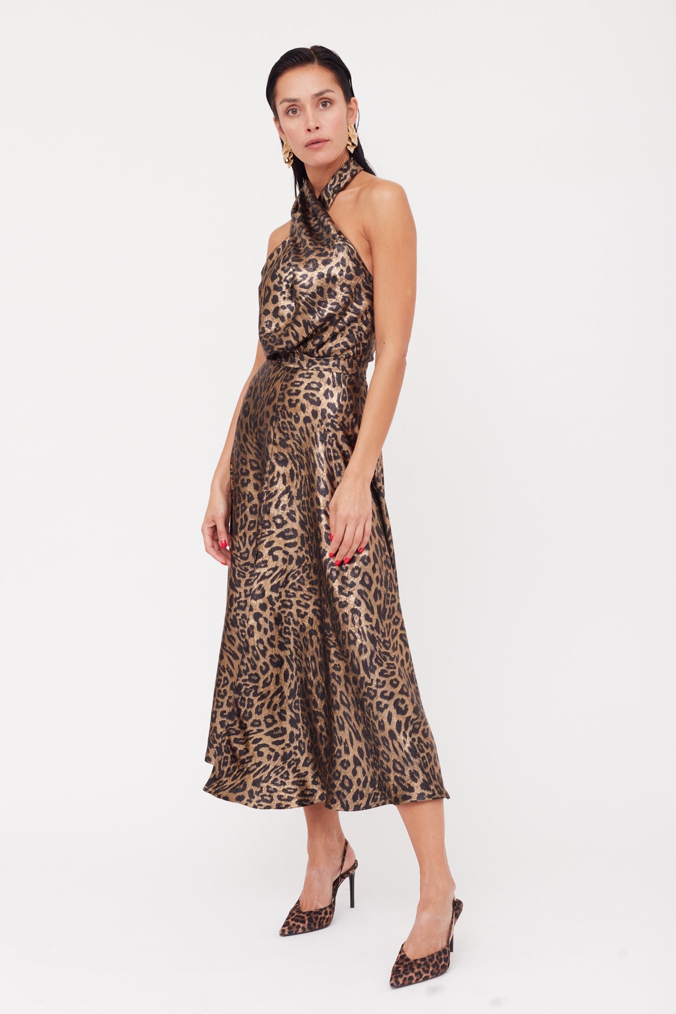 HEIDI Black Bronze Leopard Print Midi Dress