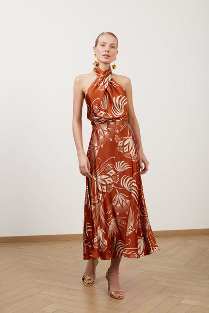 HEIDI brown floral midi criss cross neck dress