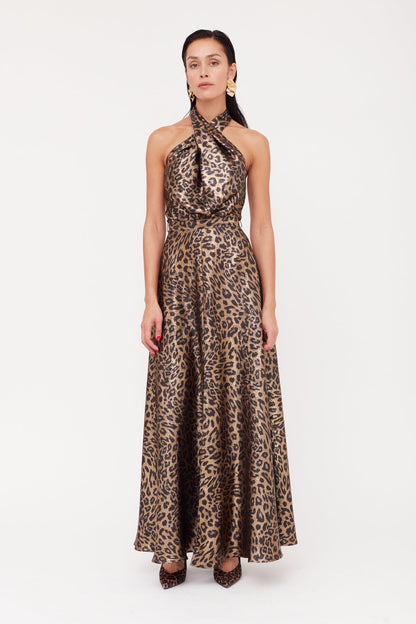 HELIDA Black Bronze Leopard Print Long Dress With Criss-Cross Neck